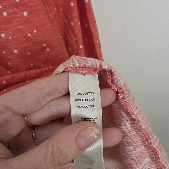 Chico's Coral Pink White Polka Dot 3/4 Sleeve Cotton Casual Summer Shirt Size 16 - Picture 5 of 8